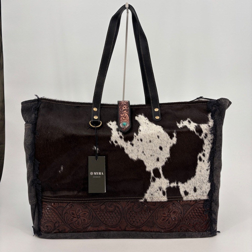 Myra Handbags Comely Hand-Tooled Bag Women Large Black Cowhide Canvas S-5281 New